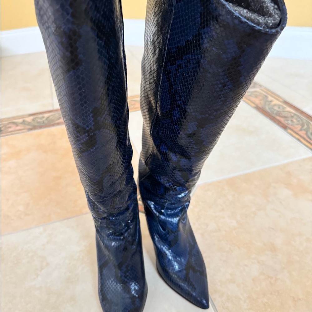 Veronica Beard Navy Snakeskin Heeled Boots
